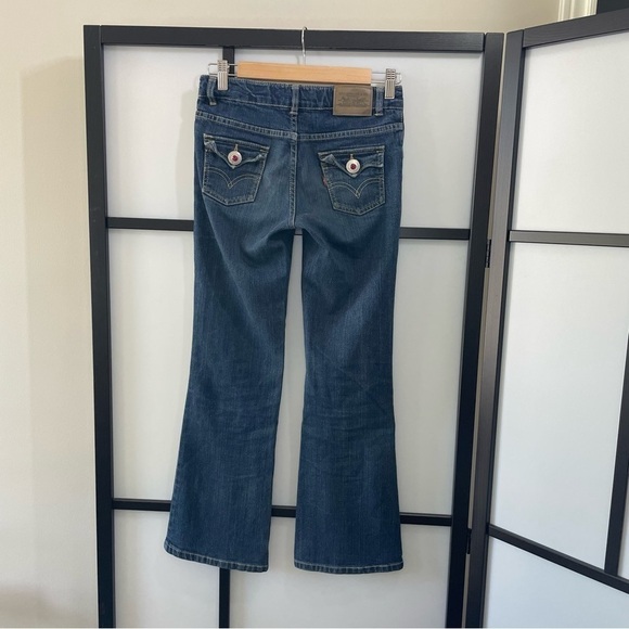 [12] Girls Levi’s Funky Fuchsia Pink Bejewelled Diamond Flare Leg Blue Jeans - Picture 2 of 11